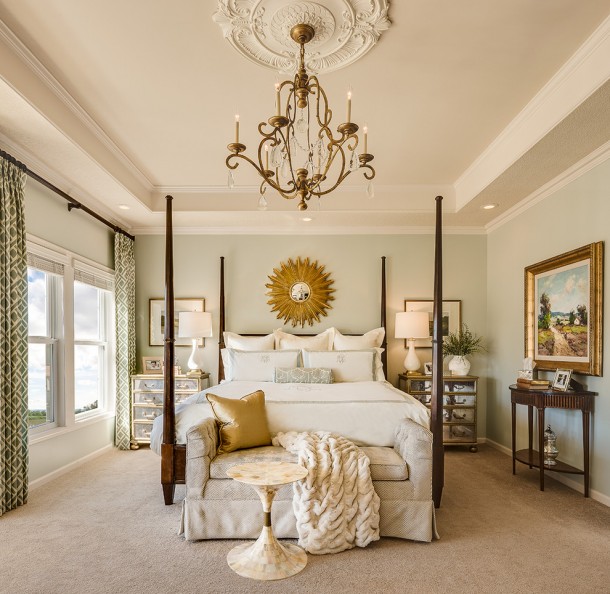 Medallion centered in a tray ceiling {Living and Kitchen}
